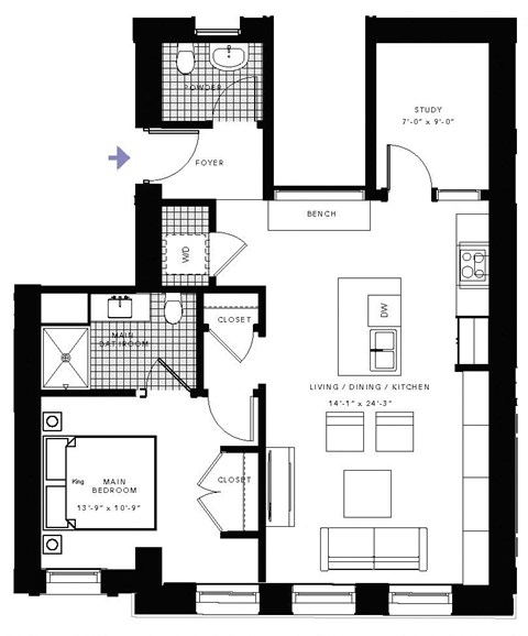 Floor plan for 1 bed, 1.5 baths, 878 sqft